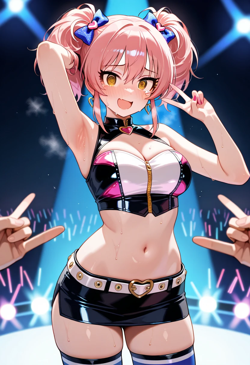 Anime illustration、highest quality、cyber punk、Sensual Diva、Dream Riamu、Tube top、Bikini pants、Sing and dance、Night Show、illuminated by spotlight、Colorful plantain、Perfect Proportions、Live music on the stadium stage、Overwhelmingly large breasts、beautiful, Shining Eyes、Cowboy Shot、smile、Excessive sweating、Noise Reduction