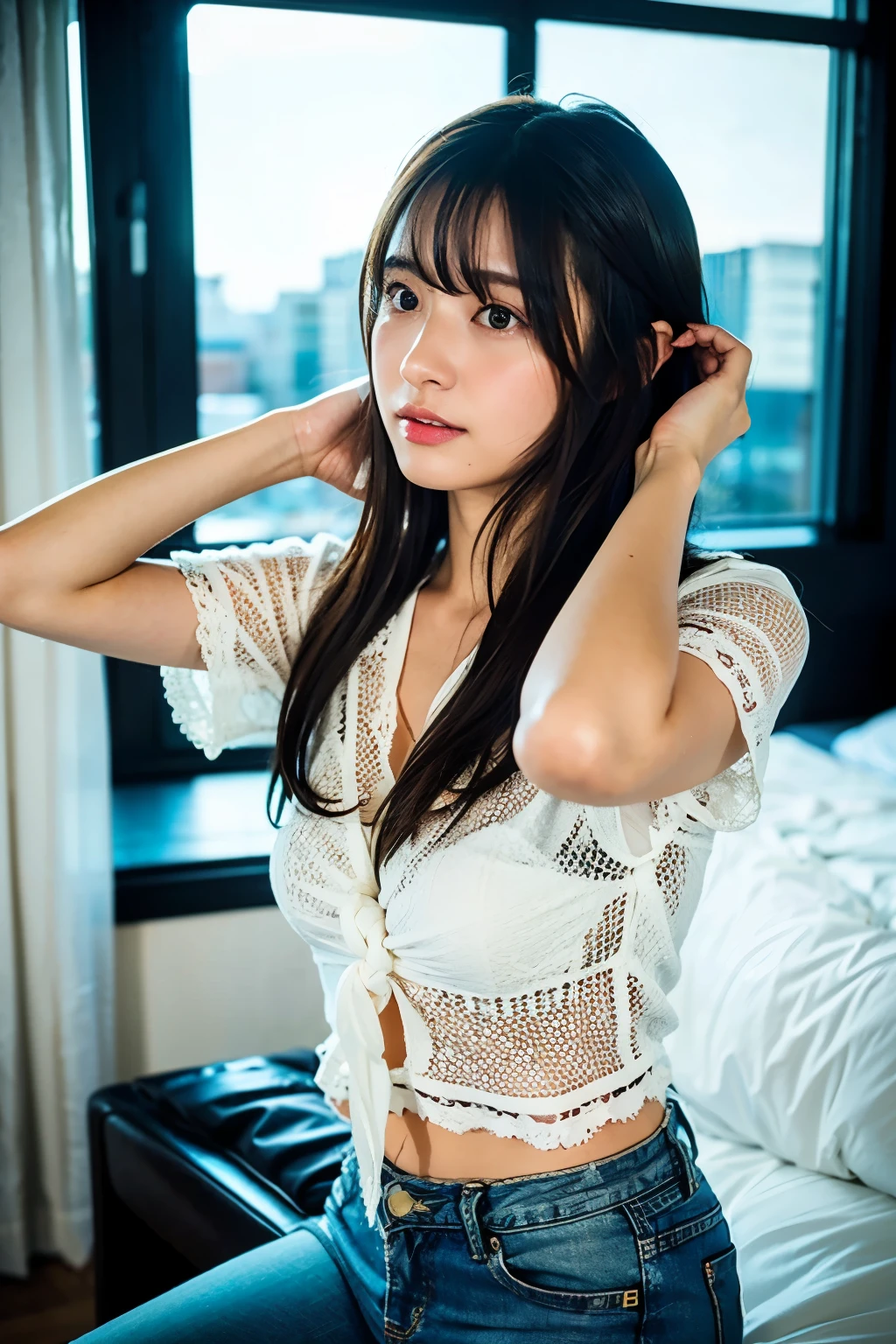 (16k, RAW photo, best quality, masterpiece: 1.2), (realistic: 1.6), (masterpiece), (best quality: 1.0), (highest quality: 1.0), (ultra hi-res: 1.0), detail, teen, one, detail beautiful skin, detail room, ,realistic skin, middle breast, best quality, ultra high definition, cute, long hair, smile, , white i, , sitting in bed,