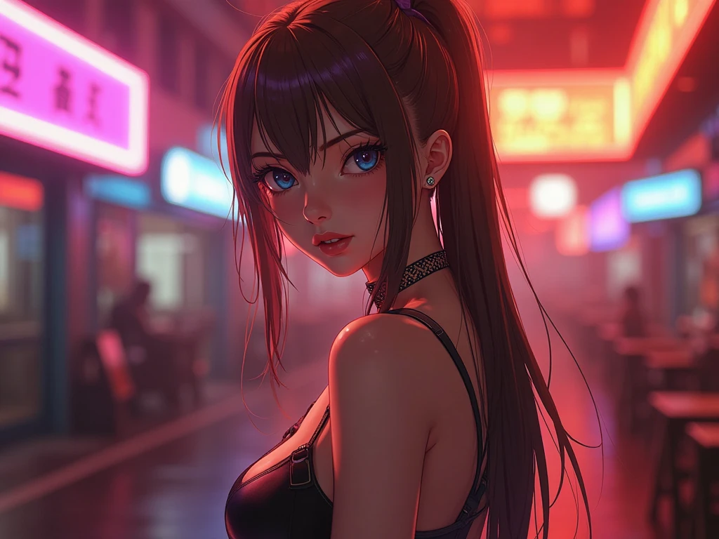 Brown haired attack on titan anime style, long hair, emo, sideswept bangs and hot, adult, party girl, anime.