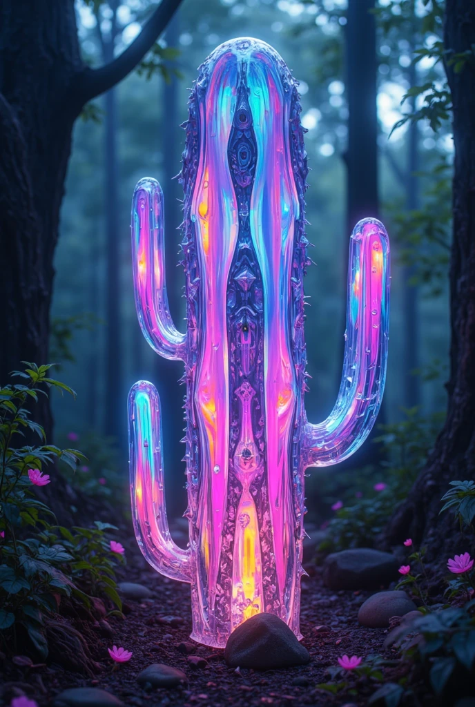 masterpiece, highest quality, high resolution, 8k,(realistic, photo realistic: 1.4),Crystal Cactus,Glowing Cacti,Neon glow,Seven Colors,full body,glass texture＆Light trail,translucent body,See-through Cactus,Skeleton Cactus, bokeh effects ,night,Forest,Soft Textures,Precise and detailed,4K,Serene Expression,Spring Tones,Color Variations,neon light,digital art,Oil Enamel,real,Superb Detailed Description,Delicate Details,Professional,Vivid Color,bokeh