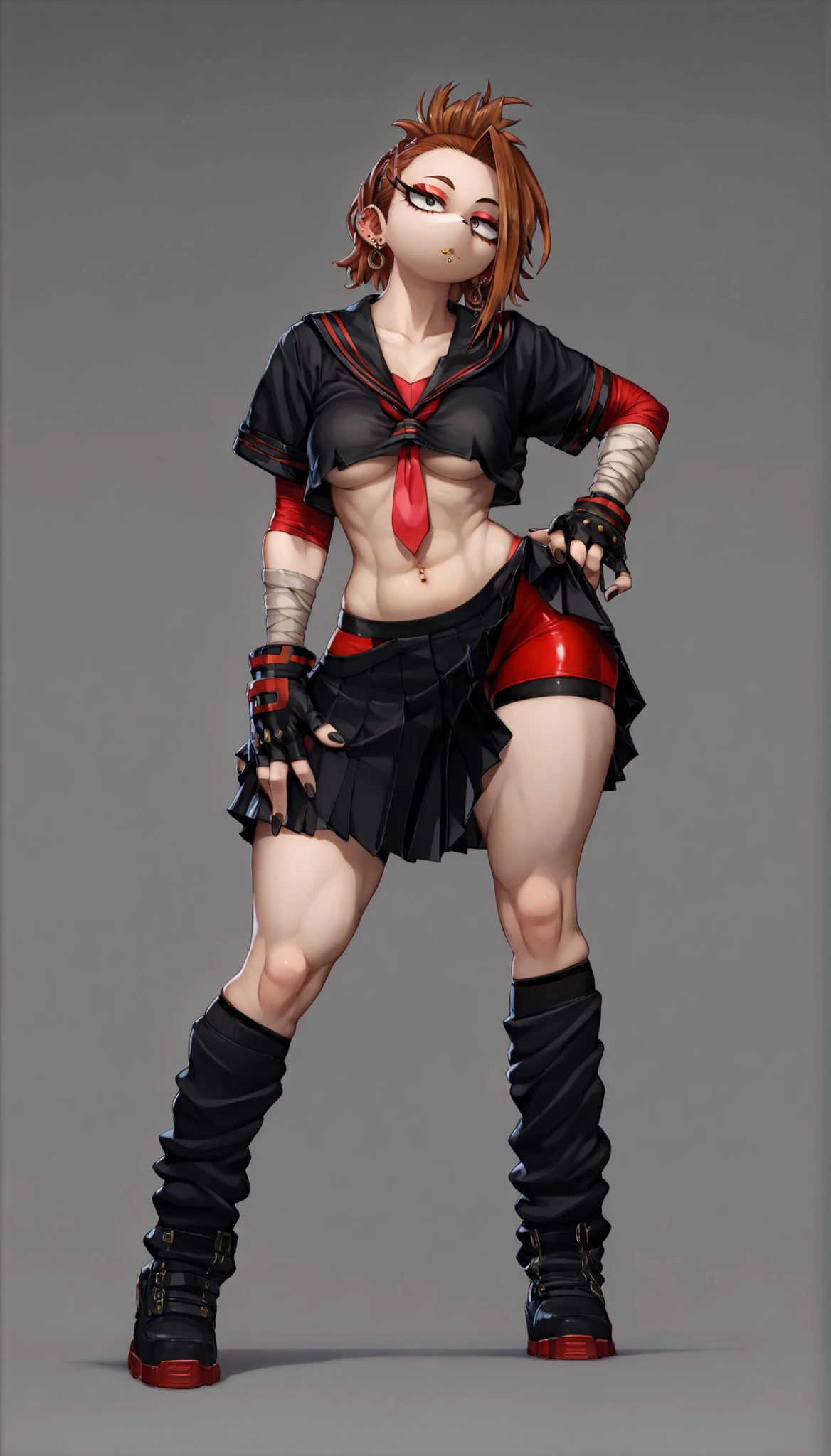(My Hero Academia Style), ((Kimura Natsuki)), (The Idolmaster Cinderella Girls), (1girl) (solo), (female), (golden Brown hair), (full body photo:1.5), (perfect anatomy), (High Quality), (1girl), (solo), (female), (anthro), ((perfect face)), (((perfect hands))), (((perfect anatomy))), (Thigh Gap), (Knee gap), (ankle Gap), ((Full Body Photo:1.5)), ((looking at viewer)), ((skindentation)), (Standing), (((medium Breasts))), ((thick and Toned Thighs)), ((thick and wide claves)), ((Wide and Toned hips)), ((slim and toned waist)), ((forehead piercings)), ((chin piercing)), ((Delinquent)), ((Black Serafuku school uniform)), ((Black lowleg Pleated Miniskirt)), ((Black and Loose croppet shirt)), ((Three-quarter Sleeves Sailor Collar Shirt)), ((Red necktie)), ((hip vent)), (((Black Ankle feetwear boots))), ((Black Loose Leg Warmers)), ((Black Loose Socks)) (((Red fingerless handwear gloves))), ((Underboob Cleavage Cutout)), ((Innerboob)), ((Tight Bike Shorts)), ((Red Bike Shorts)), ((Bike Shorts Over Skirt)), ((Shorts Over Skirt)), ((Red Shorts)), ((midriff)), ((Exposed navel)), ((pierced Navel)), ((pierced ears)), ((stud earrings)), (((long eyelashes))), ((Red eyeshadow)), ((black eyeliner)), (((simple gray background))), ((Red Armwear Arm Wraps)), ((gluteal fold)), (((Droopy Eyes))),