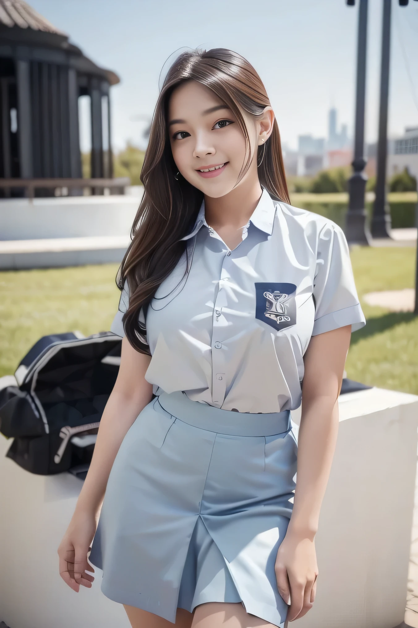 1girl, solo, 19 years old, (uniform), detailed Metropolitan city at the background, portrait, thick breasts, semi-curvy body, smooth realistic skin, cute smile, white shirt, grey blue short skirt, looking at the audience, high angle shot,(8k, RAW photo, best quality, masterpiece: 1.3), (realistic, realistic: 1.37), ultra-high resolution, cowboy shot