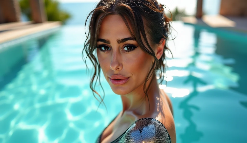 close up of penelope cruz face in a white bikini with textured smooth skin and bright highlights with sun rays shining brightly bokah effects lit scene in jungle waterfall with pool of water vivid saturated natural colors global illumination extreme natural details natural atmosphere UHD 8k high definition cinematic real life render highly detailed (photorealistic:1.2)