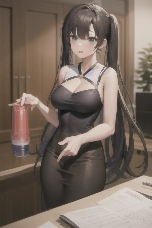 Superb Boobs, Stunning, Ultra high image quality, Realistic, girl, (Beautiful Face 1.4), (Big, Constricted waist), Long hair, Indoors, Bokeh, Beautiful light, Shiny skin, small head, Smile, dinner party, Gray-haired long-haired woman holding a cup、Men with dark hair、husband and wife、a couple、date、