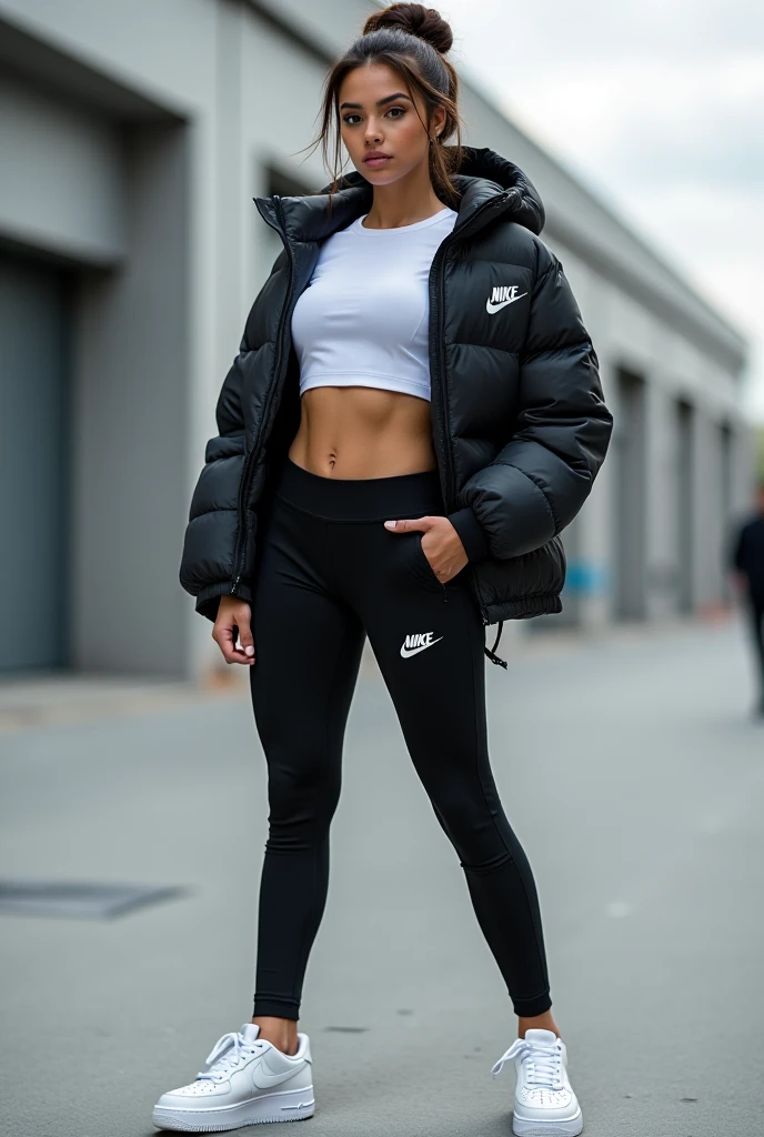 ((best quality)), ((masterpiece)), (detailed), perfect face
exact same woman, but in a northface puffer jacket and nike pro short legging, u can see her cameltoe trough the pants