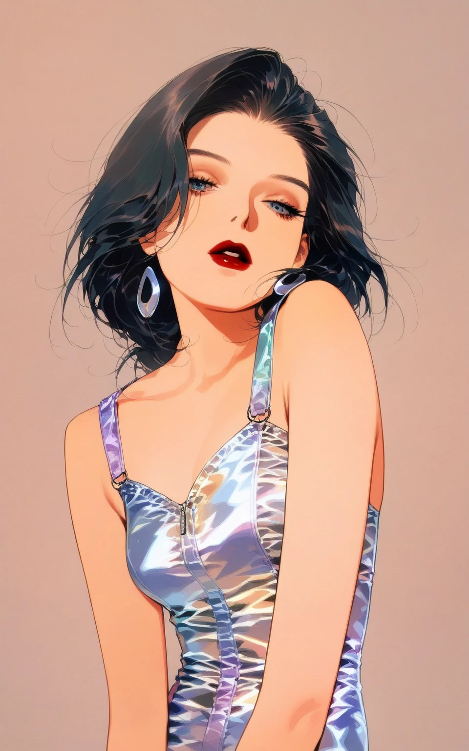 retro girl, Miami, sunset, Ferrari, 90s, (Flat color, flat texture, line art:1.2), graphic design, (Heavy ink, ink black), 