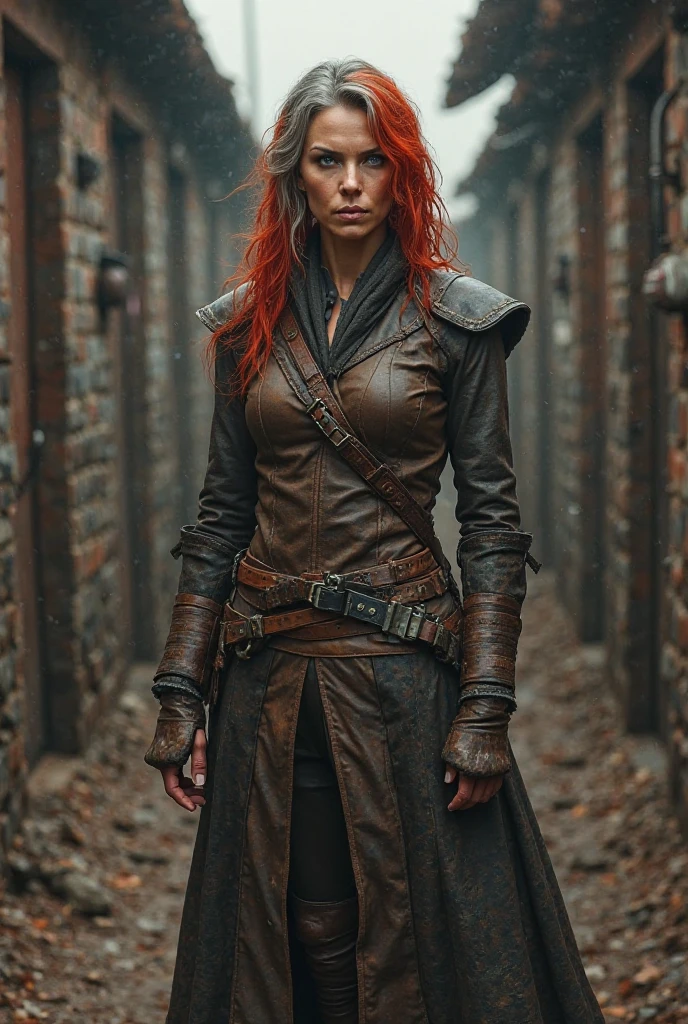 (8k, ARTISTIC photography, best quality, masterpiece: 1.2), (realistic, photorealistic: 1.37), over-detailed, low angle shot (high-detail skin: 1.2), 8k uhd, SLR camera, soft lighting, high quality, film grain, Arri Alexa, cinematic lighting, photonic display, brightness, physically rendered photo (female road warrior in a shanty town), very cute face, ((no smile)), over-detailed face, (((Sadie Sink))), (( dressed military harness)), ((( black clothes )), ((( intricate outfits))), posing, ghetto (((pure 8K))), (((perfect anatomy))), extremely high-quality graphics, Riddley Scott, Blade Runner, Denis villeneuve (((cinematic lighting))), ((clear details)), complex, highly detailed background,