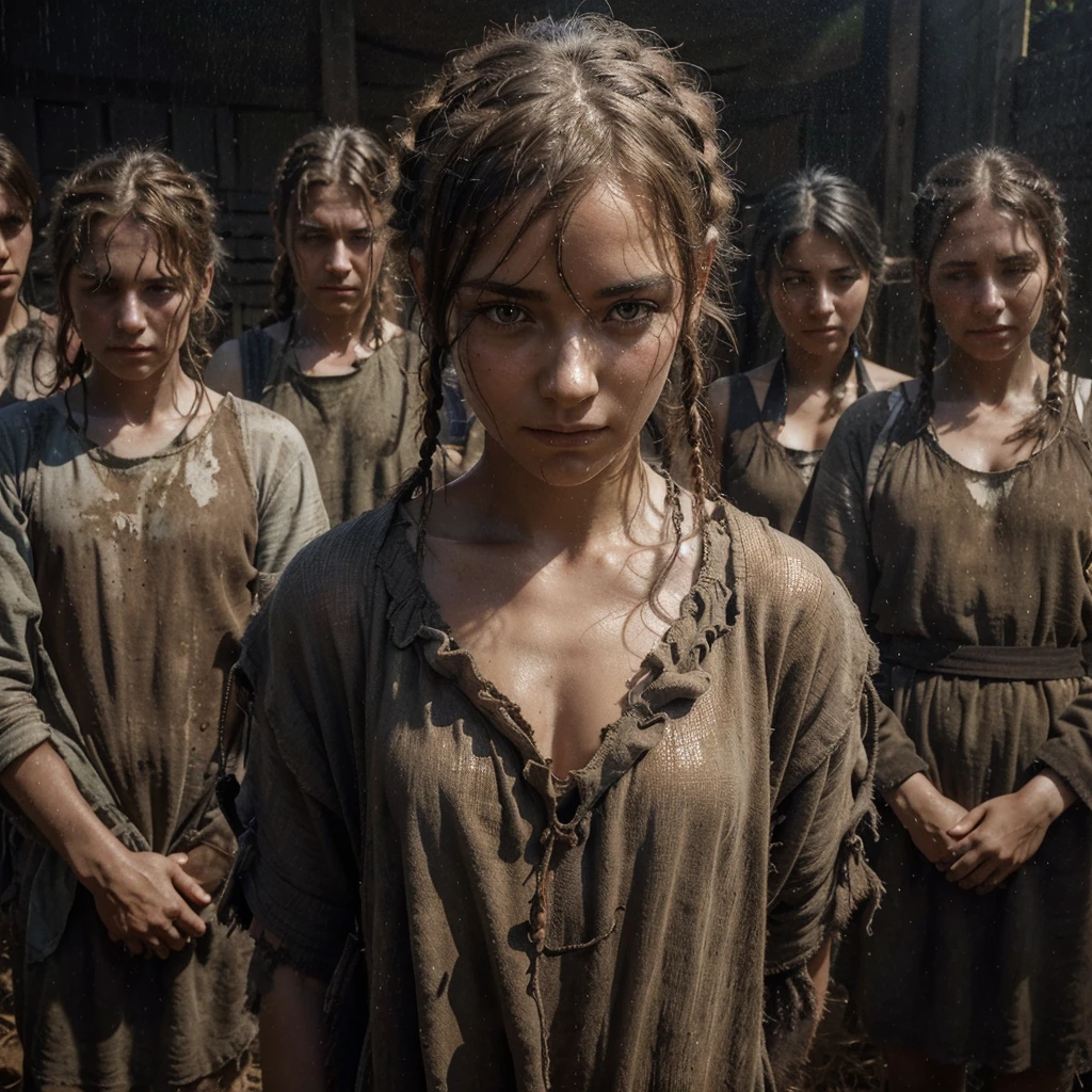 Serfdom in Russia 19th century Russian peasant serf girls dressed in peasant homespun canvas shirts and peasant sundresses , barefoot , sweaty hair braided, tanned, beautiful but unhappy, tired of corvee