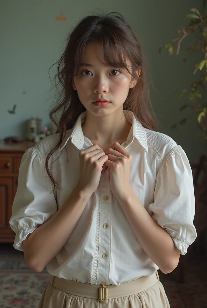 (Highest quality:1.4),(masterpiece:1.4),(Realistic:1.4),(Realistic:1.2),(超High resolution, RAW Photos:1.4),(High resolution, Very detailed:1.2),(8K:1.2),View your viewers,Cinematography,Black Hair,Small earrings,necklace,One Girl,skeletally correct,(polka dot dress,View from the front),(Inside the Western-style building,Dimly lit room,The lamplight shines on my cheeks)、 age、Small breasts