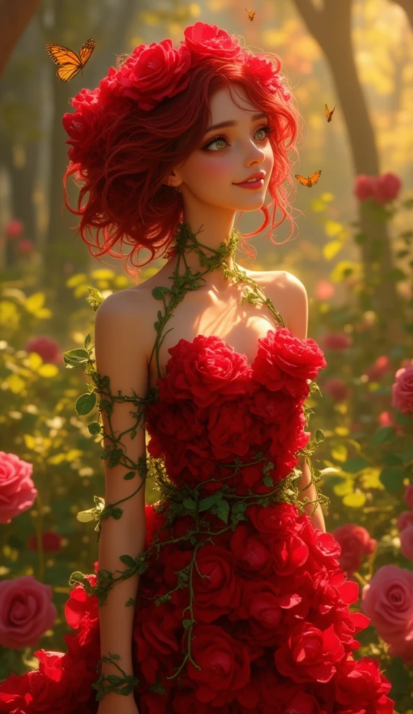 A captivating and high-quality 3D render illustration of an alluring anime woman with a voluptuous yet slim body and striking busty, well-endowed features. She dons a fashion-forward minidress crafted entirely from intricately stitched red rose petals, reminiscent of a secret garden. Her radiant smile and enchanting gaze draw the viewer in, while the lush trees and expansive sky in the background create a serene, idyllic setting. This mesmerizing portrait masterfully combines fashion and portrait photography, showcasing the best of anime art and creating a truly unforgettable experience., fashion, 3d render, anime, portrait photography, illustration