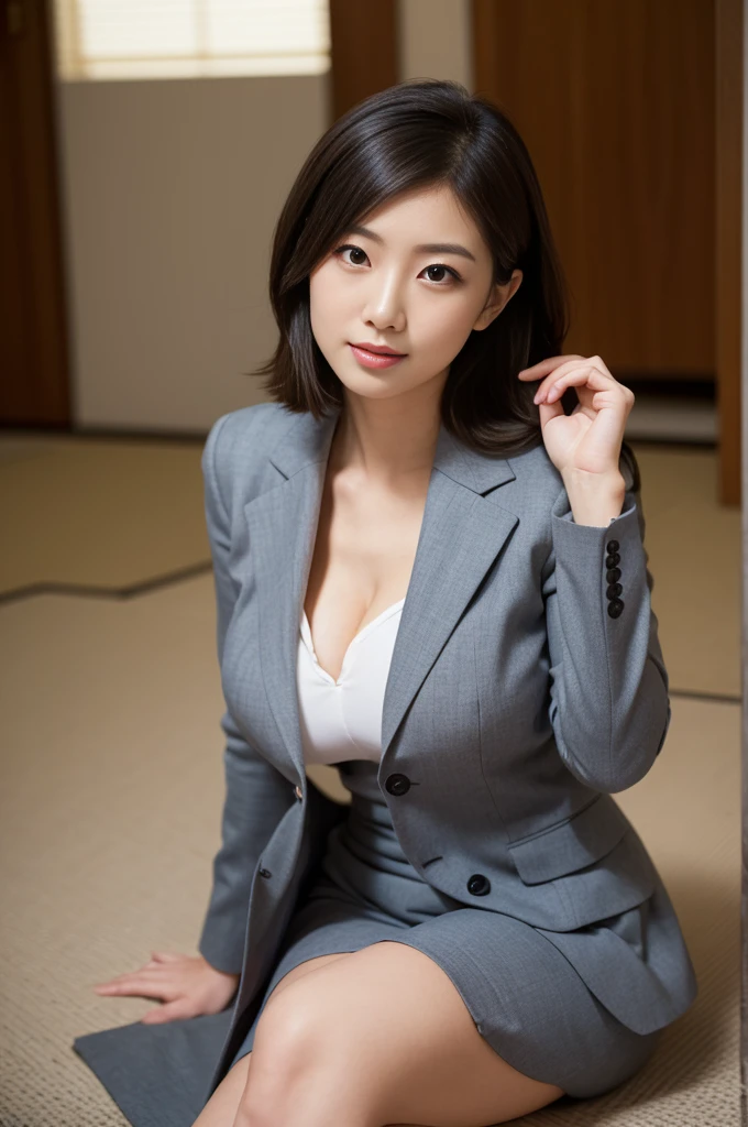 tight-fit body conscious micro skirt (formal office blazer:1.2),(in room:1.2),Emphasize the cleavage