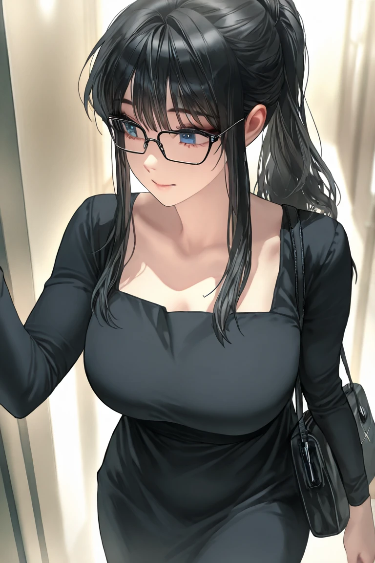 ((1girl)),((single)), chisato Hasegawa((Extremely detailed CG unity 4k wallpaper)),(Masterpiece),(ultra quality),(ultra detailed),(best illustration),(best shadow ),(extremely detailed),(absurdities),(detailed background), curvy body, cowboy shot, dynamic posture, large breasts, narrow waist, wide hips, medium thighs, round butt, sweater, black hair, long hair, hair aerial, glasses, mature, adult woman, blushing, green eyes, beautiful detailed eyes, jewelry, cleavage, looking at viewer, suductive gaze, necklace, off-shoulder, light green sweater dress, ribbed sweater, off the shoulder, clavicle, leggings,black pantyhose hits,nail polish,alone,earrings,standing,japanese apartment,night,moon,cityscape,window,city lights,closed mouth,ruffled shirt,backlighting,indoors,sofa,looking towards front,((focus on breasts)),pov(from middle),perfect anatomy,perfect hands