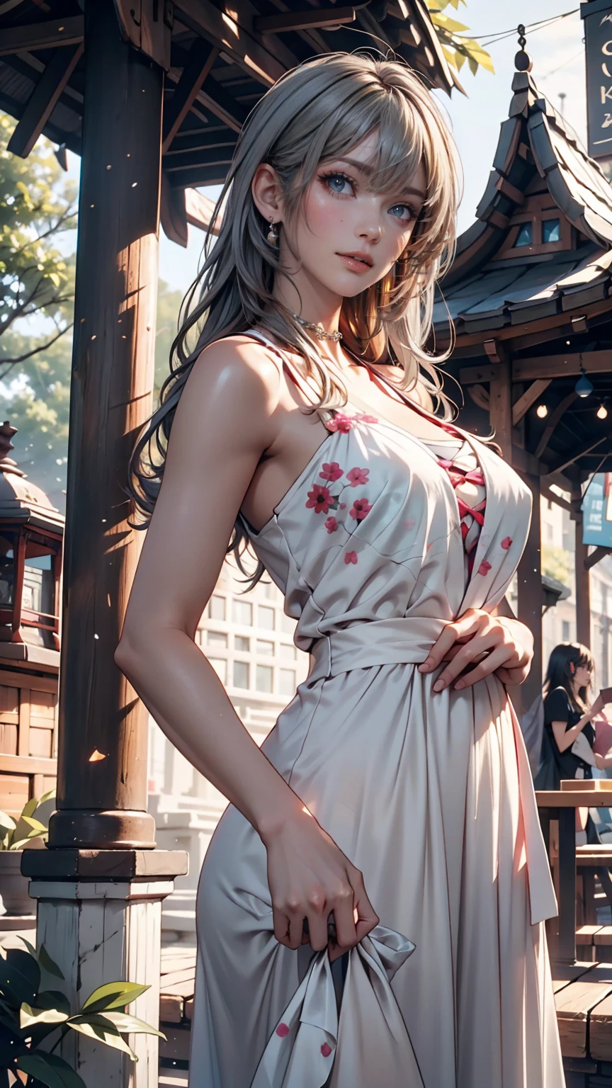 masterpiece, Great work, Daytime, Outdoor, Falling Flowers, White Dress, 1 person, Perfect Woman, Woman with long silver and white hair, Gray blue eyes, Pale pink lips, cold, Severe, Van, Purple eyes, White clothes, Black Apparel Line, Delicate face, Beautiful Face, Standing Bow, Tassel, The Knot of Happiness, smile