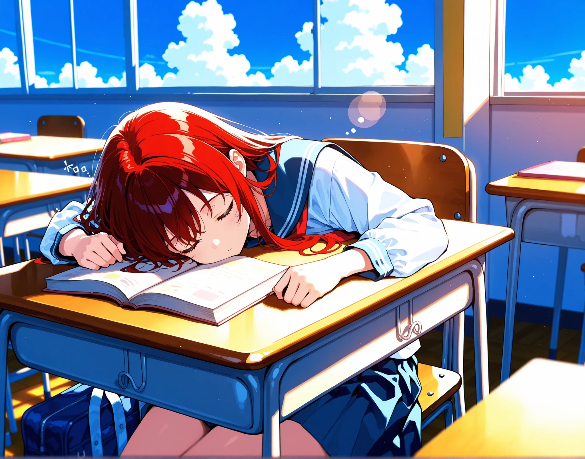 high school girl, Sleep peacefully, Books are spread out on the classroom desk, Blue sky outside the classroom
