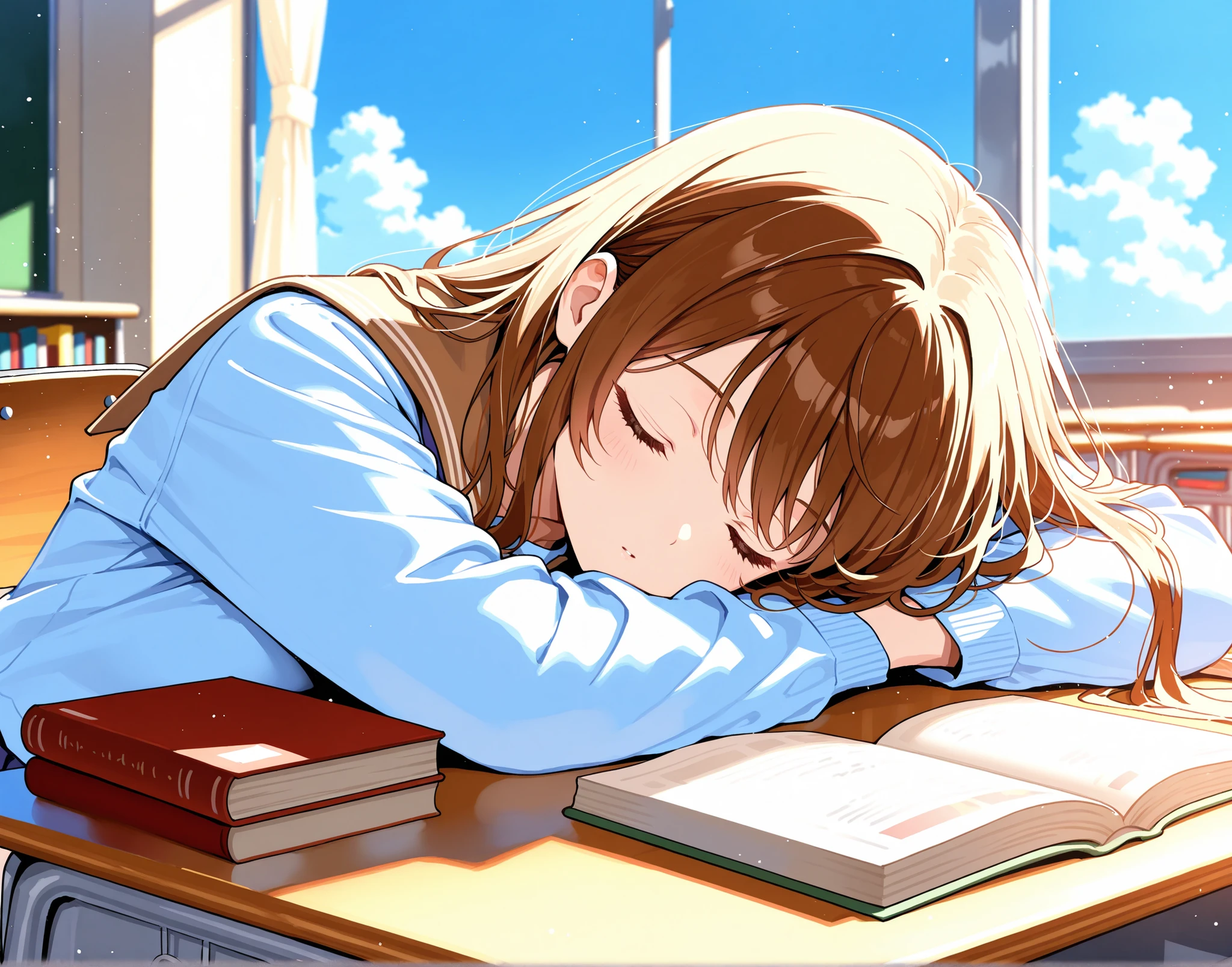 high school girl, Sleep peacefully, Books are spread out on the classroom desk, Blue sky outside the classroom