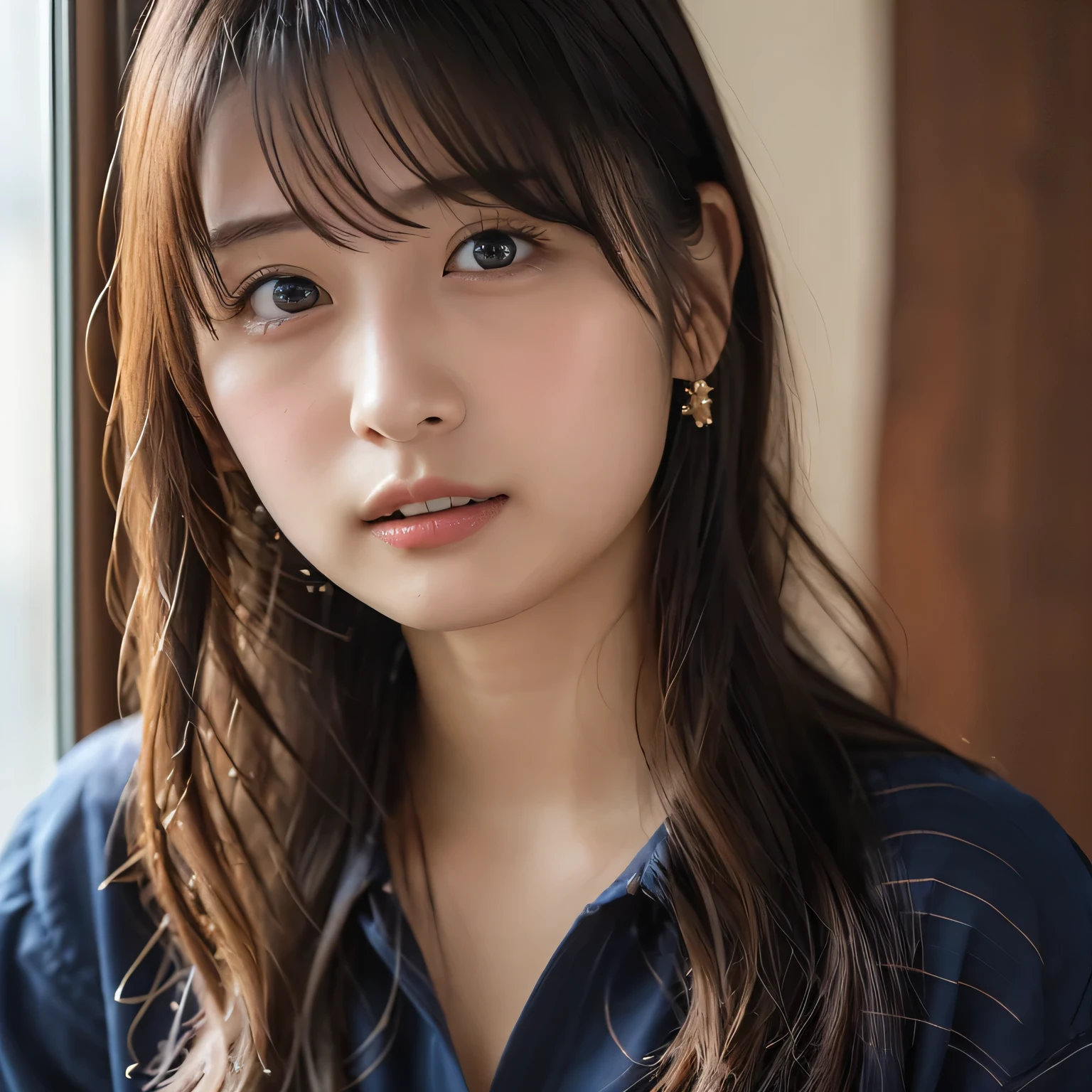 in 8K,Best Quality:1.4, 超A high resolution:1.5, (Photorealistic:1.4),masterpiece:1.2,(top-quality:1.4)、 Raw photo、 1a japanese girl、((Cute、遠くからの全身ショット:1.8 )), (((ミニスカート:1.8、太もも:1.4、全身ショット:1.5、綺麗な足:1.5、美脚:1.8)))、 (Shy smile:1.3), real trending on instagram image:1.5, very wide angle lens:1.5, Smooth skin、30-years old:1.5、Beautiful black eyes、natural skin textures:1.3, realistic eyes and face details:1.8、 (Brown medium hair,Bangs),、middlebreasts、 働く女の子、ウエイトレス、乃木坂、