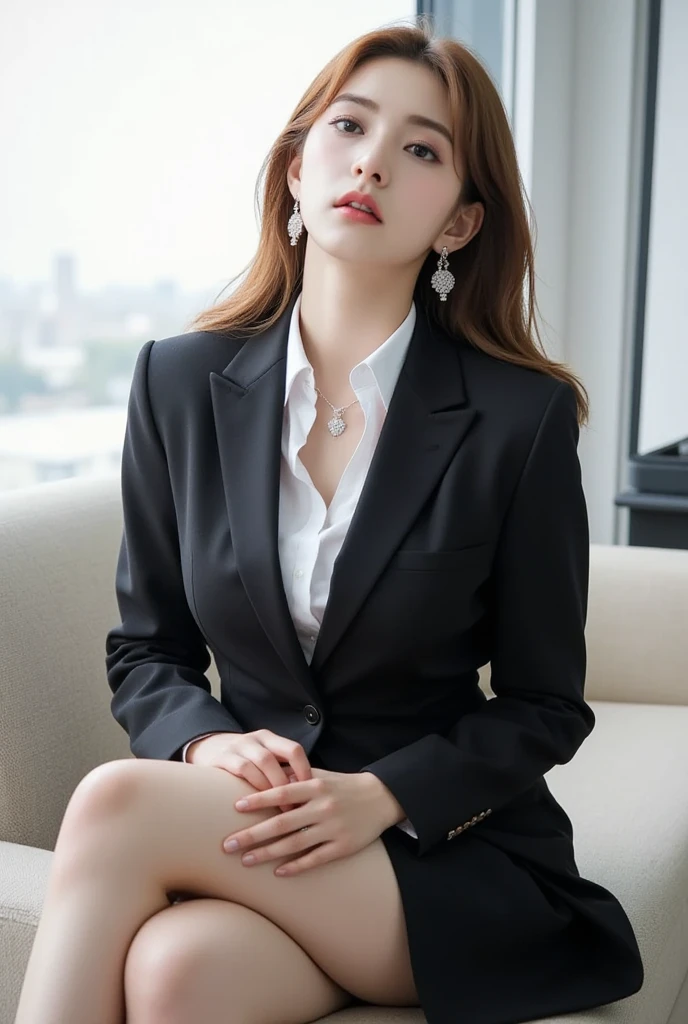 a 19 year old face of the most beautiful actress in the united states, the perfect body proportions of a female, blazer is worn on formal shirt, panties between bare legs are seen thanks to skirt is too short, sitting on a chair of the city, pretty short hair cut for a female, formal outfit for a female, nsfw, best quality, highly detailed, masterpiece, ultra high res, photo realistic, 8k