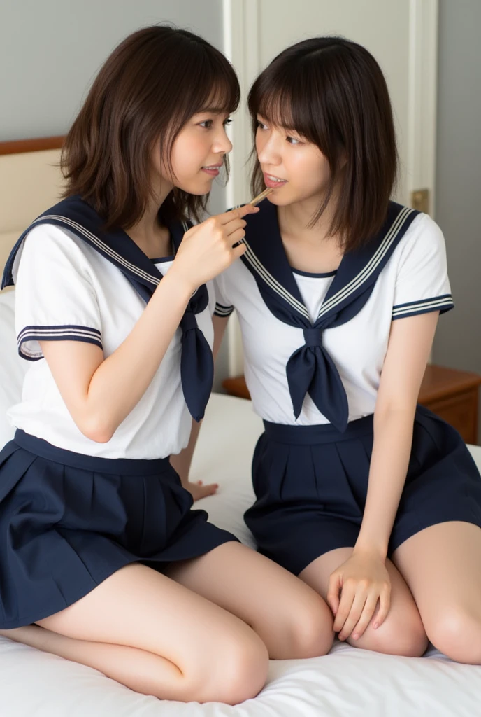 8K, RAW portrait of (Women in Japan),masterpiece、Photorealsitic:1.3、photographrealistic, 超A high resolution, Best Quality, Real life photography ,( At night :1.1),
2girls, (((Two girls showing off their panties in the bedroom late at night)))、(kawaii faces:1.4)、very cute japanese girl,((Japanese high school girl))、((Realistic Schoolgirl))、((School uniform、Cream cardigan、Plaid pleated skirt、a bow tie))、 Long hair,,Slender body,、inside in room、
Big beautiful detailed eyes, Black hair,(depth of fields:1.3),、((Disheveled clothes:1.3))、 ((dark-brown eyes:1.5))、(Authentic skin texture:1.3)、(Immersive atmosphere:0.8、Chiaroscuro:1.2) 、(looking at viewert)、Looking at the camera、Look at viewers、((embarrassed from:1.5))、A smile:0.3、((Reddened cheeks:1.3))、((Ceiling from below:1.2))、(The body is facing the camera:1.5)、((Wear very small silk panties:1.4))、((up skirt))、((Woman Pulling Up Her Skirt))、((Spread your legs to the sides))、((frombelow:1.48))、((Close-up in panties:1.58))、((pantie shot))
