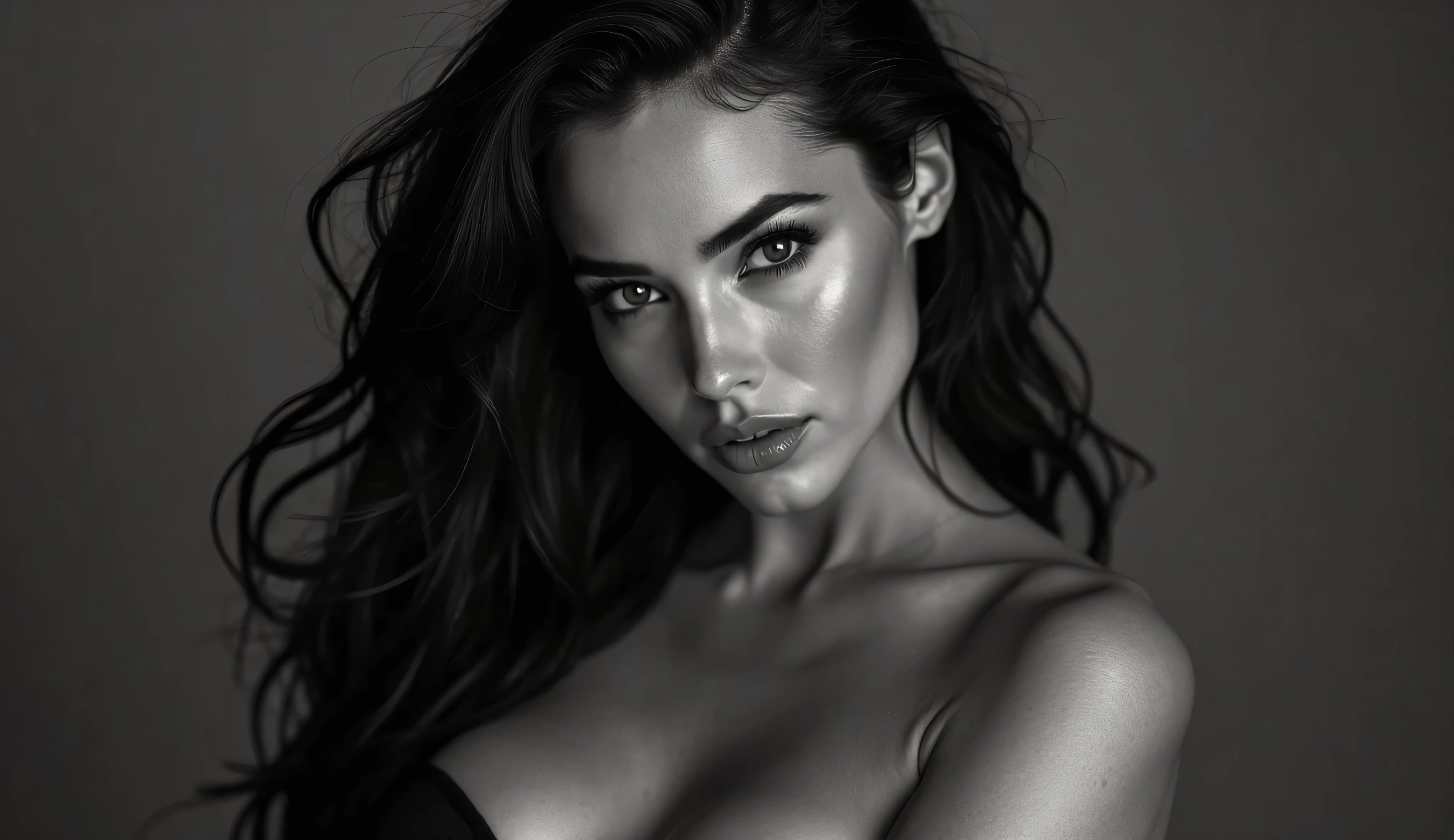 black and white photo, sexy Kim Kardashian,(monochromatic, (high contrast, low saturation, intense focus, moody, dramatic, chiaroscuro lighting, shallow depth of field, strong shadows, soft highlights, intimate framing, eye-level angle, grainy texture image, 85mm lens, f/2.2, evocative, emotional intensity, skin pores, skin textures, veiny flat breast , bare chest,full body view, undeveloped nipples, small size breast 