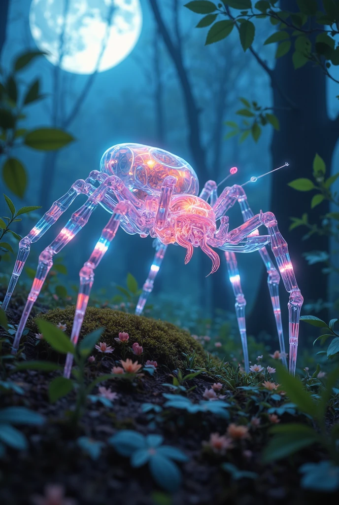  masterpiece, highest quality, high resolution, 8k,(realistic, photo realistic: 1.4),Crystal Spider,Glowing Spiders,Neon glow,Seven Colors,full body,glass texture＆Light trail,translucent body,See-through Spider,Skeleton Spider, bokeh effects ,night,Forest,soft texture,Precise and detailed,4K,Serene Expression,Spring Tones,color variations,neon light,digital art,Oil Enamel,real,Superb Detailed Description,Delicate Details,Professional,Vivid Color,bokeh