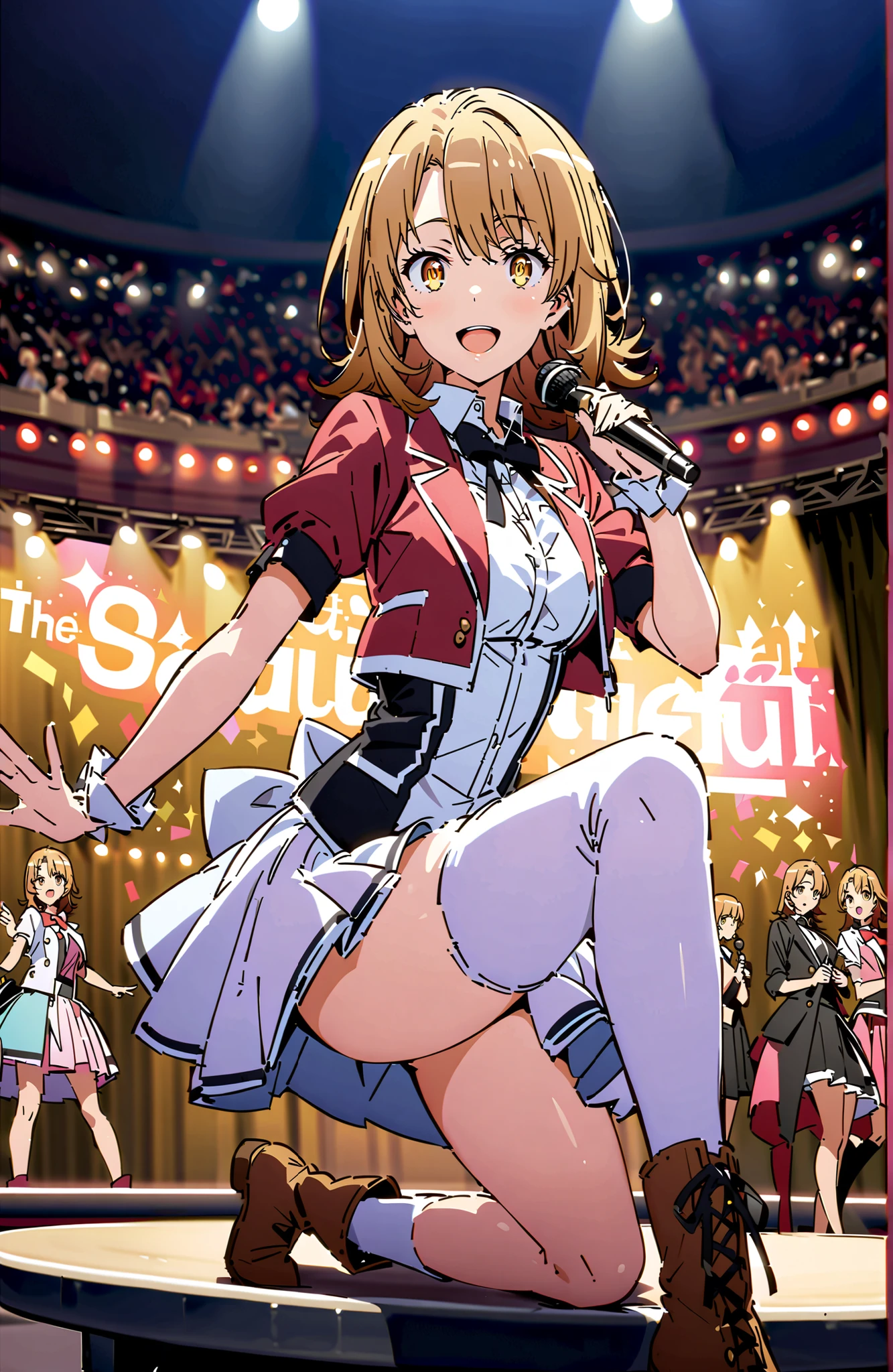 ((masterpiece、Highest quality、have to pee,Official Art、Unity 8kwallpaper))、snap shot、Idol Concert、Concert Stage、(3 to 5 cute naked girls、s old、smile、Sing with a microphone、dance、Ribbon headband、Ultra mini skirt:1.2、Idol Costumes:1.2 )、Exposing the breasts、Hair of different colorr.々Hair style、(((Full nudity、Pussy、cute)))、(Sweat a lot、Glowing Skin)、Anime key visual, ((The characters are unique))