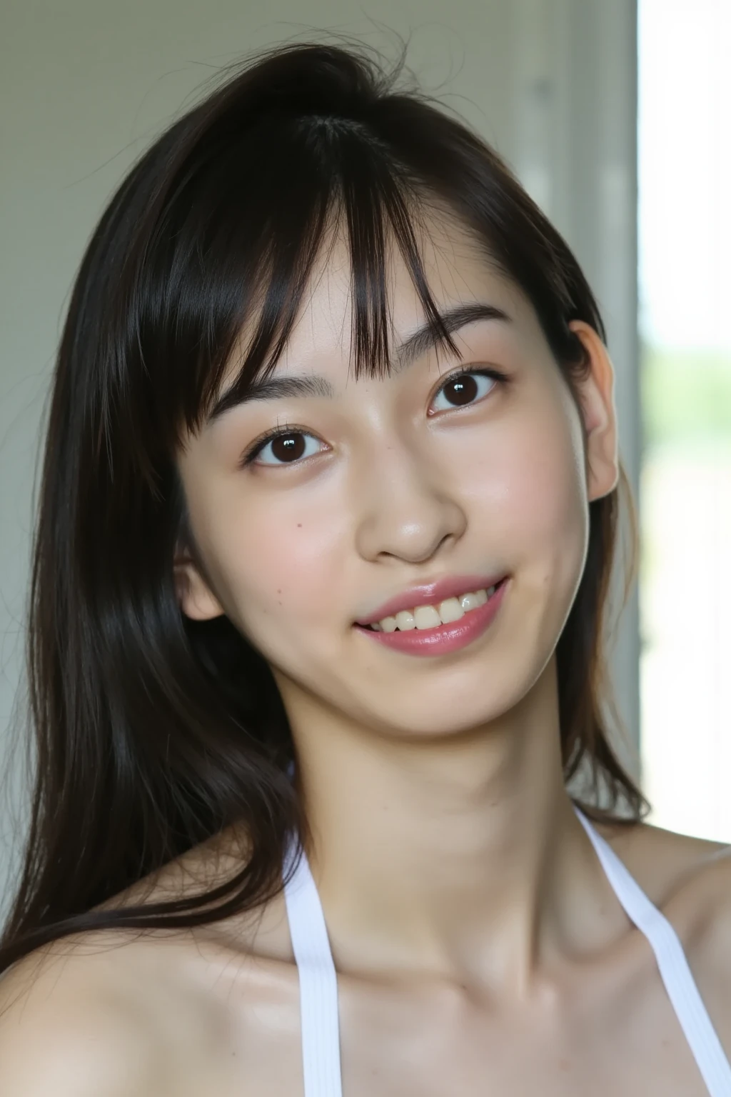 a woman,1 girl,black hair, hair bobbles, longeyelashes, solid circle eyes, light smile, mole under eye, piercing, light smile, shy, puckered lips, Surrealism, drop shadow, stereogram, ass pov, atmospheric perspective, depth of field, first-person view, f/1.8, 8K, super detail, ccurate, best quality, highres, best quality,full body,professional lighting,Cleavage