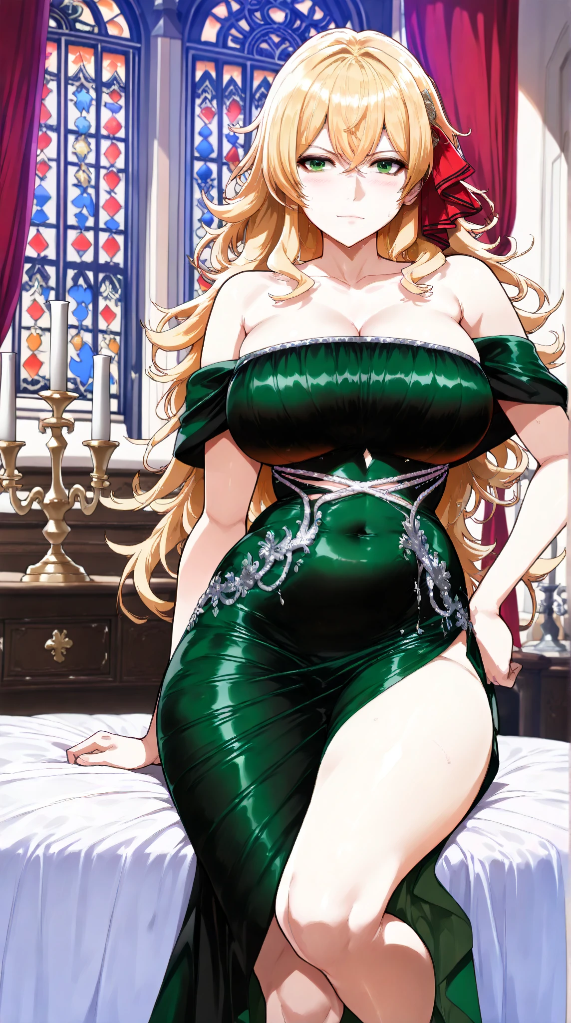 best quality, (masterpiece),(ultra-detailed), (high quality), (high resolution), ((3heads:1.5)), best quality:1.5, highres, UHD, 16K), smiling, highres, masterpiece, ((golden blonde hair)), cleavage, ((black dress)), lustrous and smooth skin, , (mature woman), seductive silhouette, ((slim hips)), casual dress, sexy proportions, Beautiful girl with accentuated slender abs, long legs, seductive woman, background, necklace, body con dress, strapless, sleeveless, blue green eyes, long hair, ponytail