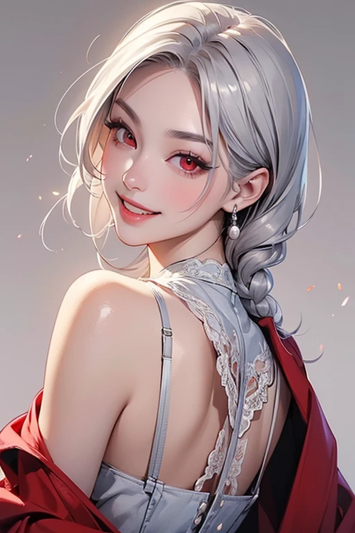 (Highest quality, masterpiece:1.2), High resolution, 最高masterpiece、Very detailed, Realistic:1.37, Fantasy, An illustration,Gray Hair、 Red eyes、Queen, ((bikini)).Platinum decoration、beautifully、Eyeshadow Red、Thick eyebrows、Long eyelashes、pupils are black、shiny on the lips、Top Sites、Queen、Princess、ponytail、A kind smile、Show your teeth a little and smile、Soft impression、people々々々々々々々Loved by、Slimming the face、Shoulder Bare、sexy、learn more、Braiding、Kissing Face、Luxurious and beautiful hair ornament、