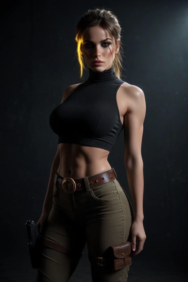 Imagine a blonde Danish girl in a very hot Lara Croft costume, Sie posiert auf einer Party und da sind Leute und da sind Leute im Hintergrund, Sie hat eine riesige Brust, she wears a black top, she wears a high ponytail