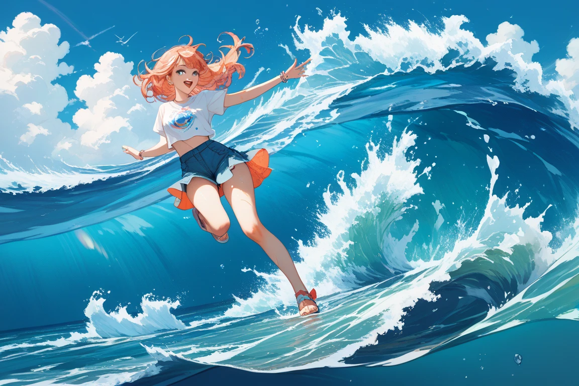 A girl singing with microphone,Crazy summer days, art 3dcharacters, disneyanimation, Pop mart,c4d, surfing,, zbrush style, cartoon character, disneyanimation, airy and light, game art, cartoonscene, best best quality, 8k --ar 3:4 --s 50 --niji 5--style expressive
