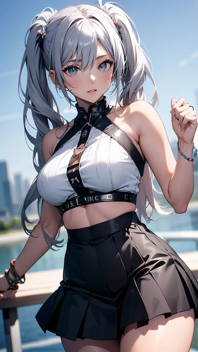 grassy fields、blue open sky、White cumulonimbus clouds、contrail、Fiery sun、The steppe grass sways in the wind、Photoquality、Live action、Realisticity、Transparency、Realistic depiction、8K quality、NFFSW、Digital SLR、high high quality、Film grains、富士XT3、Girl in white camisole dress、Standing posture、Bare legged、Hair swaying in the wind、hair to shoulder、Colossal tits、Big eyes、Medium Bob、eventide、A beautiful slender woman stood，She guided them to their destination with a brave expression， Behind her，Green savannah stretches，The most suitable effect for this scene is the watercolor technique，25 age old，musculous，perfect body figure，Large of breast，The neckline is large，light blue  eyes，Brave face，dark kingdom，A sexy pose，Perfect proportions, Watching from behind，Plump buttocks(Ultra-light blue eyes， (((white hair with braid))), long eyelashes heavy makeup, a garter belt, Chest-high vest，Stand with your legs spread out，Cocked buttocks，Khaki tight shorts，The material of the clothing is ultra-thin,Light orange clothes,looking away from viewer,Watching from behind