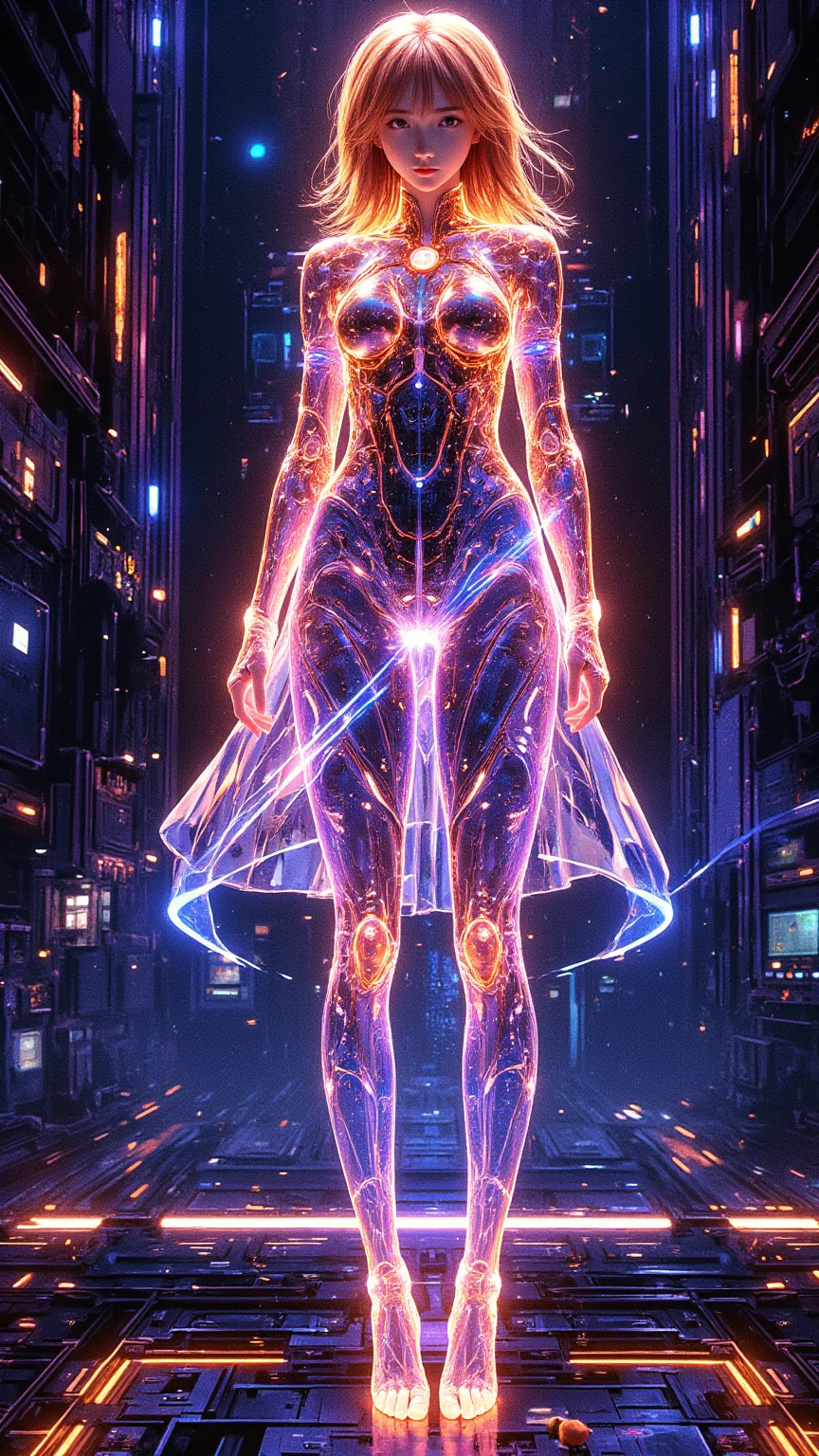 Ultra-Realistic Capture,18k,RAW Photos,Highest quality,masterpiece,reality,Very detailed,Very beautiful woman,Android,cyborg,cyber-,(((full body))),(Very detailedな電子機器),(Skin that clearly shows the internal electronics),Very thin transparent connection wire,Transparent connecting wires covering the entire body,Iron Skin,Fully transparent skin,Advanced AI,neon,Small glowing LED light,Very long messy hair,Standing posture,Long legs,slender,Tall,Standing on tiptoes,Floating,
