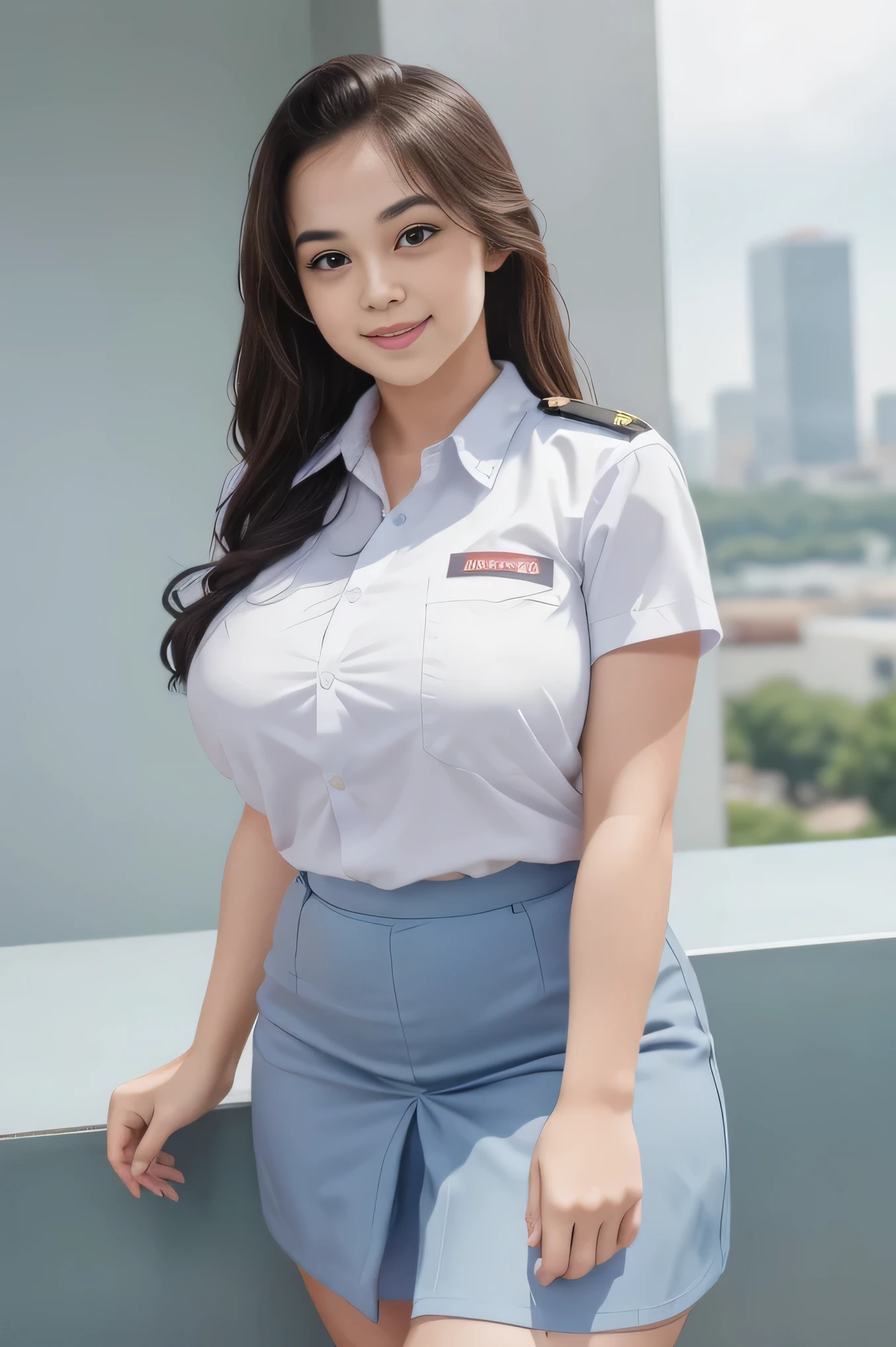 1girl, solo, 19 years old, (uniform), detailed Metropolitan city at the background, portrait, thick breasts, semi-curvy body, smooth realistic skin, cute smile, white shirt, grey blue short skirt, looking at the audience, high angle shot,(8k, RAW photo, best quality, masterpiece: 1.3), (realistic, realistic: 1.37), ultra-high resolution, cowboy shot