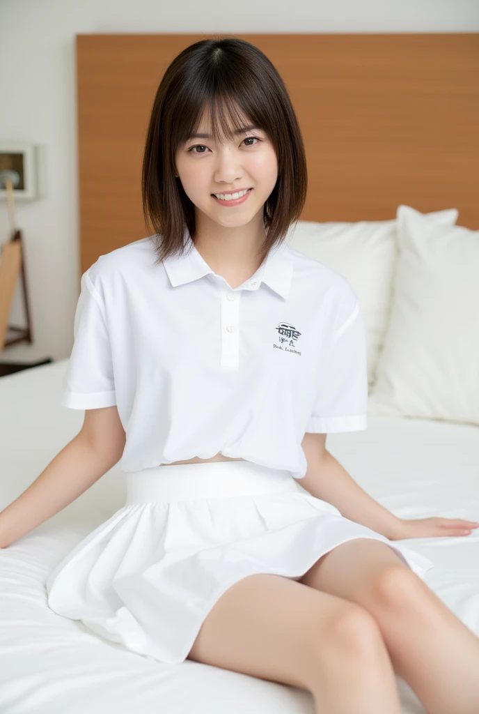 (Masterpiece, Best quality: 1.2), (Ultra realistic, Photo-realistic: 1.2), Slender body, From above, (Seductive pose: 1.2), Bedroom eyes, (Beautiful thighs: 1.1), (:1.1), Natural light, 28 years old actress, Japanese women, Neat and clean, (Ponytail short wavy hairstyle: 1.1), Short wavy hair, ((Wearing white tennis uniform, White short-sleeve polo shirt: 1.2)), (unbutton: 1.3), ((Wearing White tennis pleated skirt: 1.3)), Wearing white sock, (Beautiful face), Oval face, clear, Beautiful eyes, Kind eyes, Clear skin, Small face, Beautiful mouth, Small mouth, Natural makeup, Approachable, Seductive smile, Embarrassed, Blush, Luxury hotel Suite room, On bed,