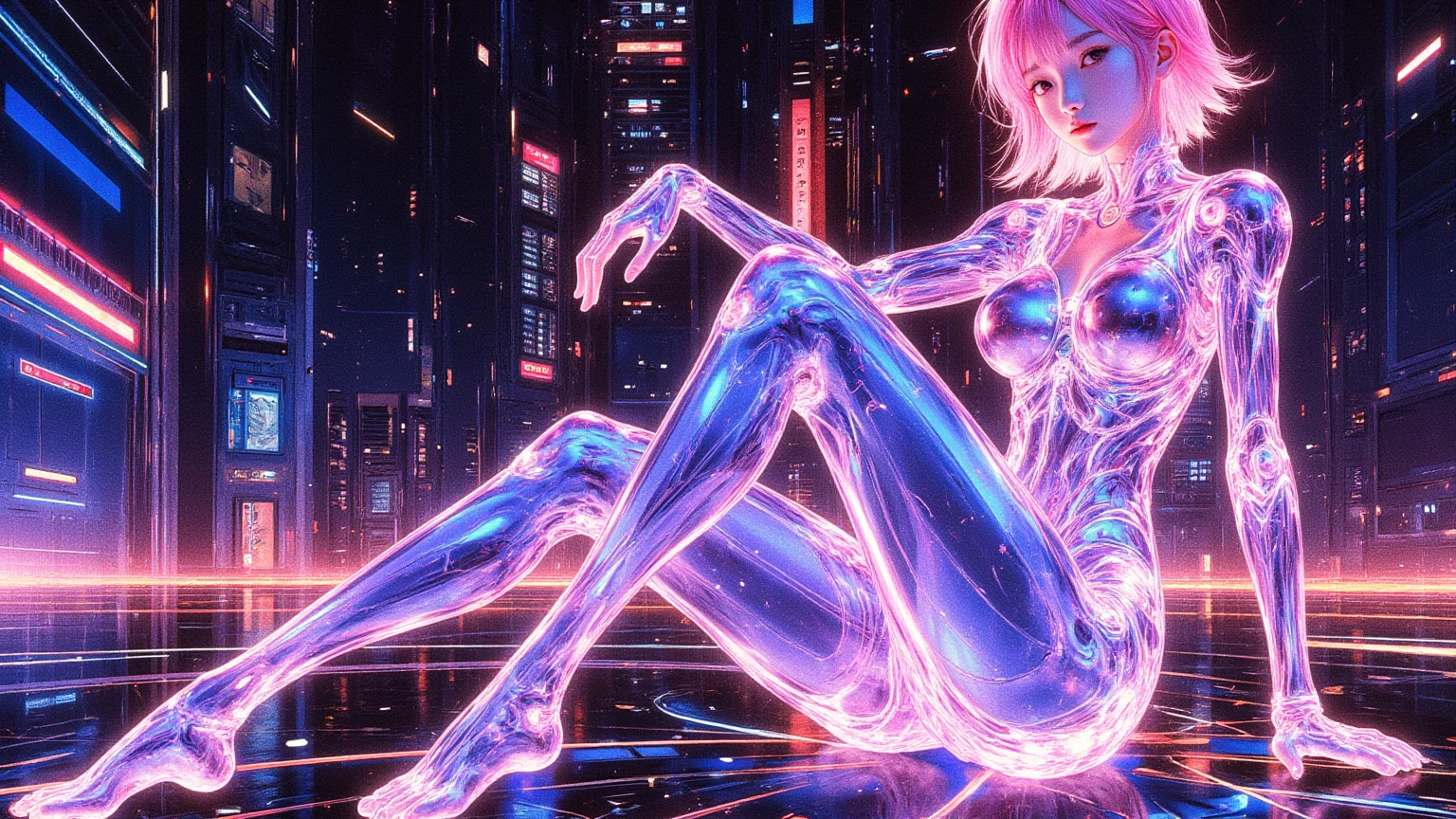 top quality, future world, State-of-the-art robot, Beautiful Woman, flying hair, Transformed into a cyborg except for the face, sexy images, whole body photo, (((fashion show, model, lighting on model, walking on runway, transparent short dress, colourful background,( people sit on two sides))))
