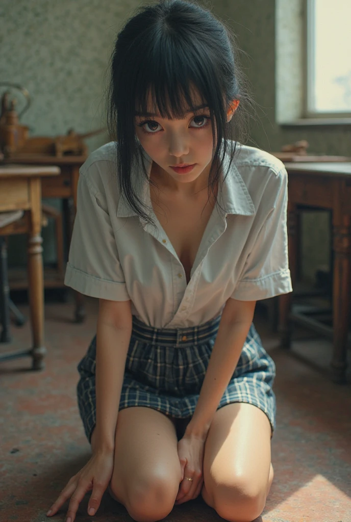 woman in school uniform, light blue button-down shirt and grey plaid skirt, white knee high socks.
She sits and looks at me from the floor, She has the sole of her socked foot in front of your face and is preparing a whip with a disgusted face towards you.