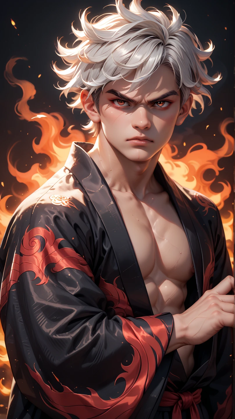 a young man in the story series "Jujutsu kaisen" named "itadori yuji" with a tattooed face, brown eyes, bright red hair, is using the demon domain technique (SUKUNA), and a white kimono shirt, filled with an evil aura colored red, black, with realistic visual effects.