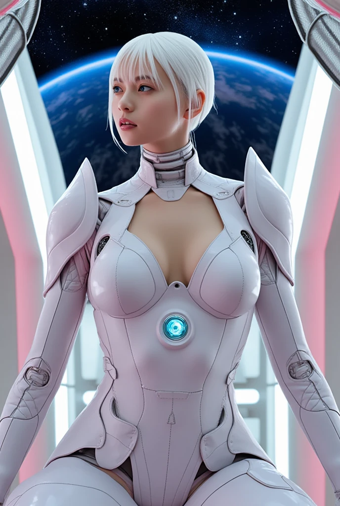 award-winning portrait by Yousuf Karsh of sexy futuristic bride 7of9  wearing a sci-fi white rubber BDSM bridal gown, white (rubber) bridal gown, busty, white (rubber) corset, white (rubber) gloves, futuristic sci-fi cathedral, brutalist architecture, long and silky hair, arranged marriage, bridal fetish, BDSM elements, white (rubber) BDSM choker, bridal (slave), (submissive bride), sexy and dramatic makeup