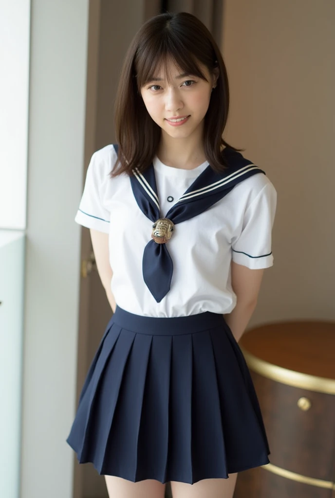 (masterpiece, highest quality:1.2), 8K, young beautiful girl, 85mm,Official AR RAW Photos, baby face、clothed big breasts、show me your ears、photo shoot, cute face, thighs, After school classroom, looking at the viewer, embarrassing、smile、no makeup, film grain, chromatic aberration, sharp focus, face light, clear lighting, Ten generations, detailed face, background bokeh、((((((16 year old high school girl))))))、thin waist、sailor suit、navy blue mini skirt、Lift up the skirt with one hand&#39;hand、White tiny panties、Wet、open your legs