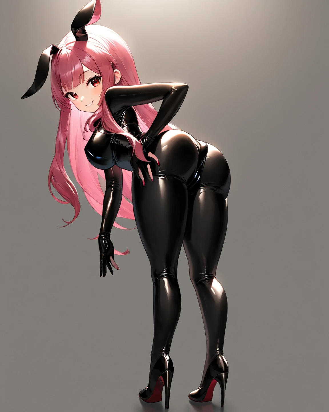 ass pov: ((((Beautiful Well-Defined Medium Ass)))) very long pink hair, oni horns, black angel wings, leather corset and high boots with lots of straps, buckles, zippers and straps, latex panties, skinny, thin and thick, panties marking her ass and swollen pussy are horny, small waist, 8K, ultra HD,((+18)) (accentuated and lifted curvy booty), luxury bedroom background