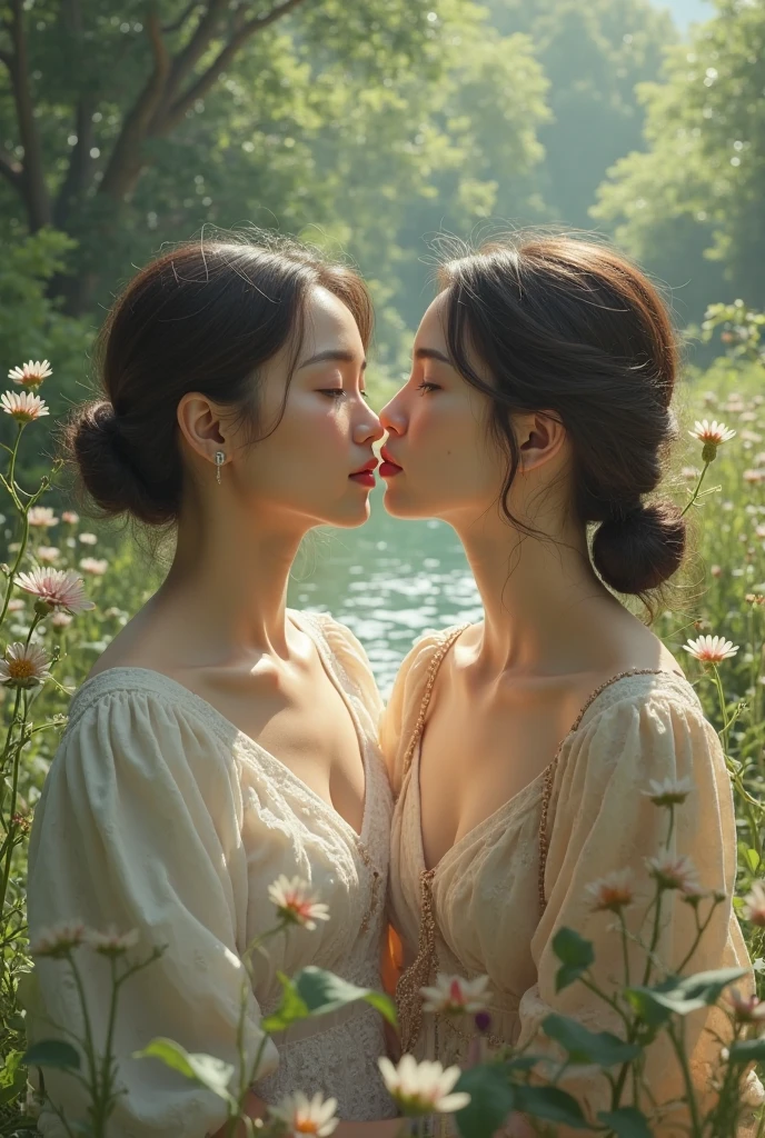 ( masterpiece, top quality, best quality,8k,17 years old girl,ultra detailed,raw photo:1.5),(photorealistic:1.4), (cinematic lighting), PerfectNwsjMajic, , Surrealism, UHD, ccurate, Super detail, textured skin, High detail, Best quality, dynamic angle, White skin,[Beautiful blue eyes], high nose,[flat chest:large breasts:0.5],(two girls is deeply in love with each other, kiss),(good anatomy:0.5)), Dreamy atmosphere, Dark,expressive brush strokes, mystical ambiance, Artistic interpretation, Stunning Studio Ghibli style costumes, a whimsical illustration, Subtle colors and tones, mystical aura, jewelry ,sparkling, long airy hair , 