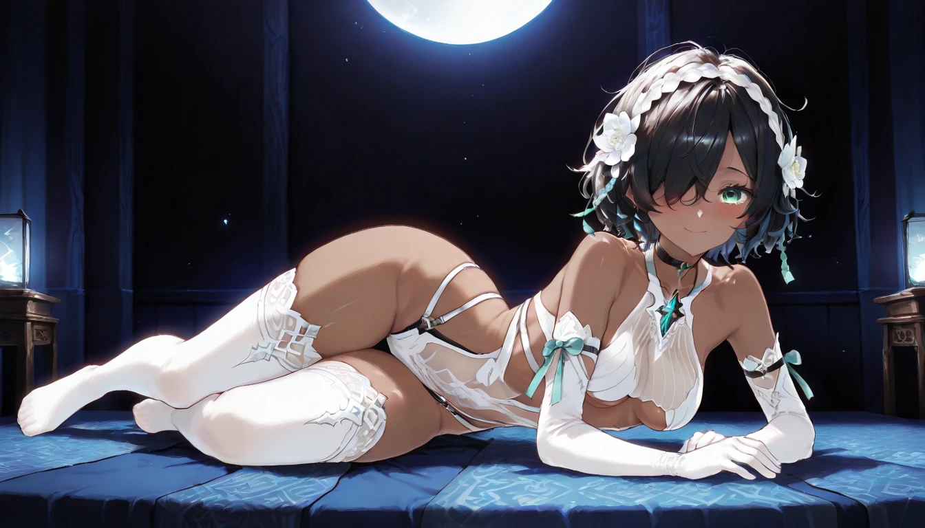 1 girl, 18years old, black hair, black hair, short hair, short hair, bangs cover the forehead, bangs cover the forehead, messy hair, hair over one eye, hair covers one eye, hair cover one eye, big green eyes, purple makeup around the eyes, little blushing, black choker, medium breast, medium breast, medium breast, brown skin, brown skin, brown skin, brown skin, small smile, no human ears, full body, breasts, bare shoulders, thighhighs, gloves, elbow gloves, see-through, white thighhighs, medium breasts, underboob, loslyn clothes,triple strap hips, dinamic pose, lying,