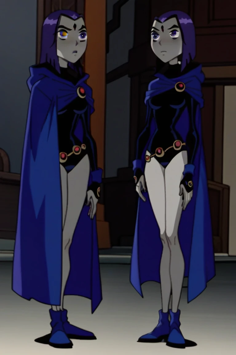 raventt, 1girl, solo, grey skin, cape, purple hair, purple eyes, forehead jewel, short hair, leotard, looking at viewer, belt,boots