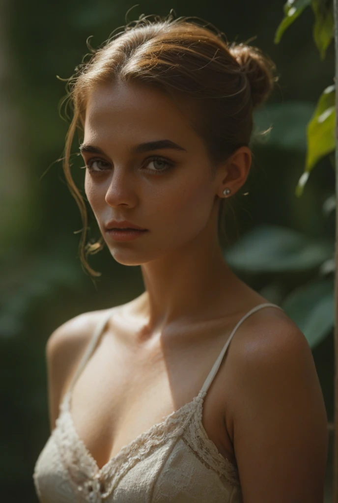 analog film photo, photo of a young girl, 18 years-old, (lace-up sports bra:1.1), elf, elf ears, long pointy ear tips, brown eyes, messy ponytail, light-brown sun-tanned skin, pretty, natural beauty, resembles a young Mary Elizabeth Winstead, humid day, elven forest, sweaty glistening off of skin, RAW Photograph, dslr, soft lighting, high quality, film grain, Fujifilm XT3, detailed skin with visible pores, insane details, masterpiece, 8k, 35mm photograph, dslr, kodachrome, faded film, desaturated, 35mm photo, grainy, vintage, Kodachrome, Lomography, stained, highly detailed, found footage, full-body, elven ears