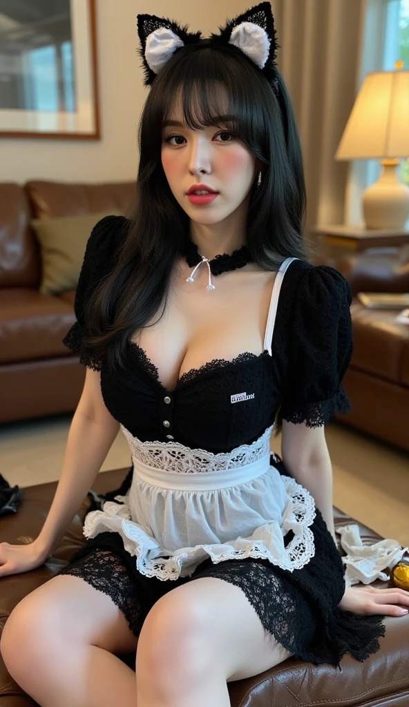 Long black hair , Wearing a maid outfit, Kneel, Feet and five fingers, Background backlit masterpiece, highest quality, 1 girl,Narrow waist,bangs, Ribbon Ponytail, brown hair, (blush:1),That costume only opens wide at the chest..., Beautiful big breasts, (Erect nipples:1),Knee socks