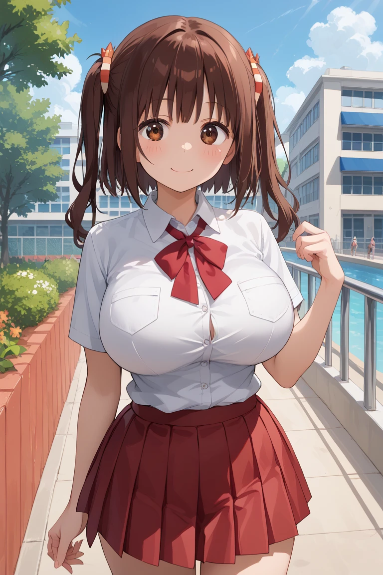 (((pixel perfect, detail perfect))), alone, 1 girl, Misaka Mikoto, tokiwadai , bow, looking at the viewer,, whole body、(Breast Exposure、Nipple exposure、Tuck up your cloth、medium breasts))、smile、mini skirt、White panties、High 