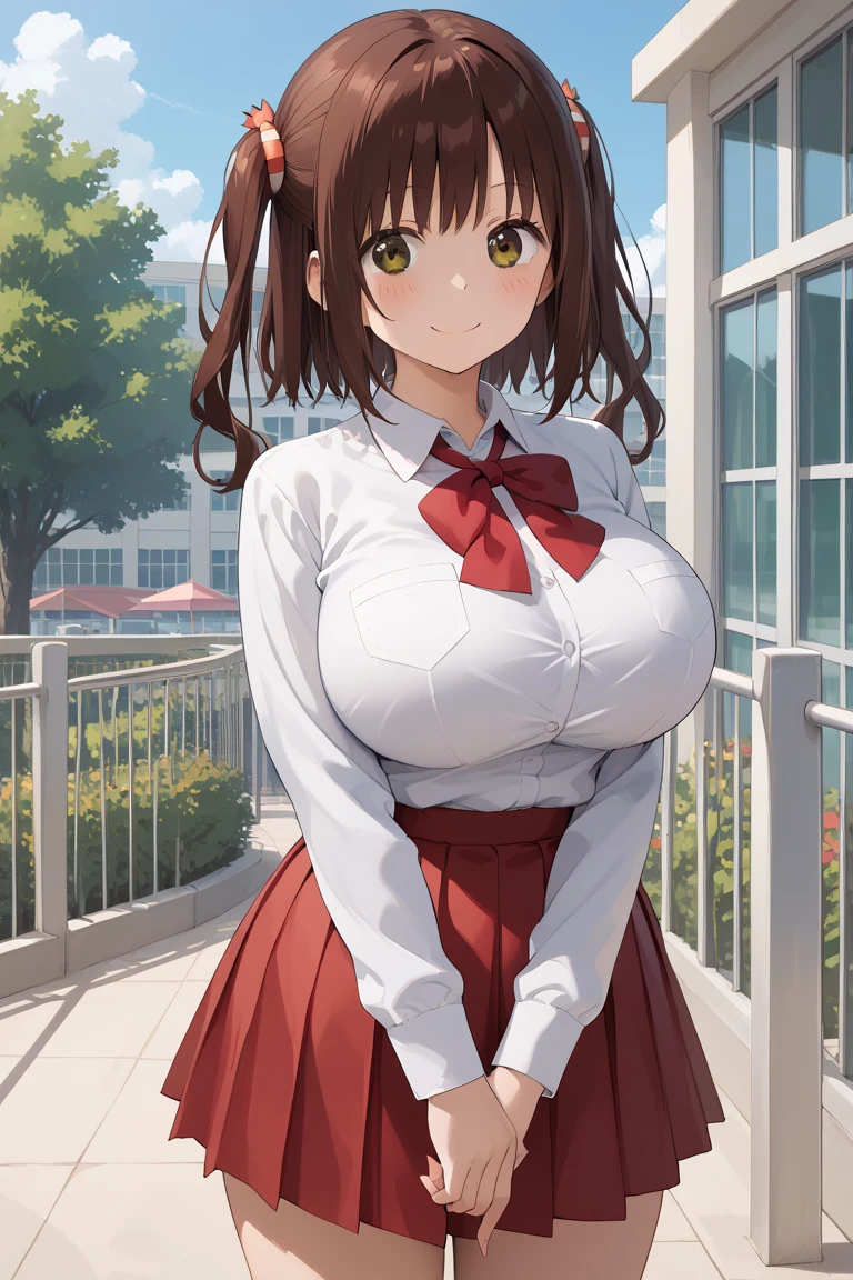 1 girl, riser, ((White school uniform)), red bow tie, ((blush:1.2)), huge breasts, Naughty big breasts, black mini skirt, ((long slender legs)), ((thin waist)), thighs, beret, cowboy shot, Beautiful woman, pretty face, squint your eyes, Curvaceous, embarrassing