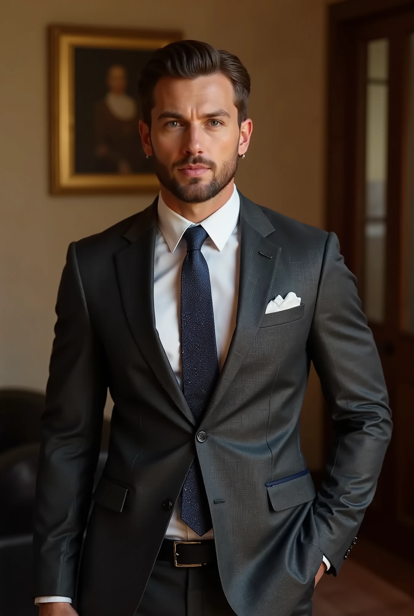 A handsome man has a neatly trimmed beard, short brown hair and light skin, wearing a gray suit, white shirt, tie, jeans. standing in the room