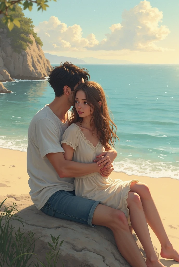 (masterpiece, best quality:1.2), a men is hugging a girl from behind, the girl looks down warmly, the men is closing eyes, sweet facial expression, cozy, romantic, romantic scenery, cinematic lighting, cinematic scenery, romantic, soft light, wallpaper, expanding landscape, 1girl, 1men, soft hair men