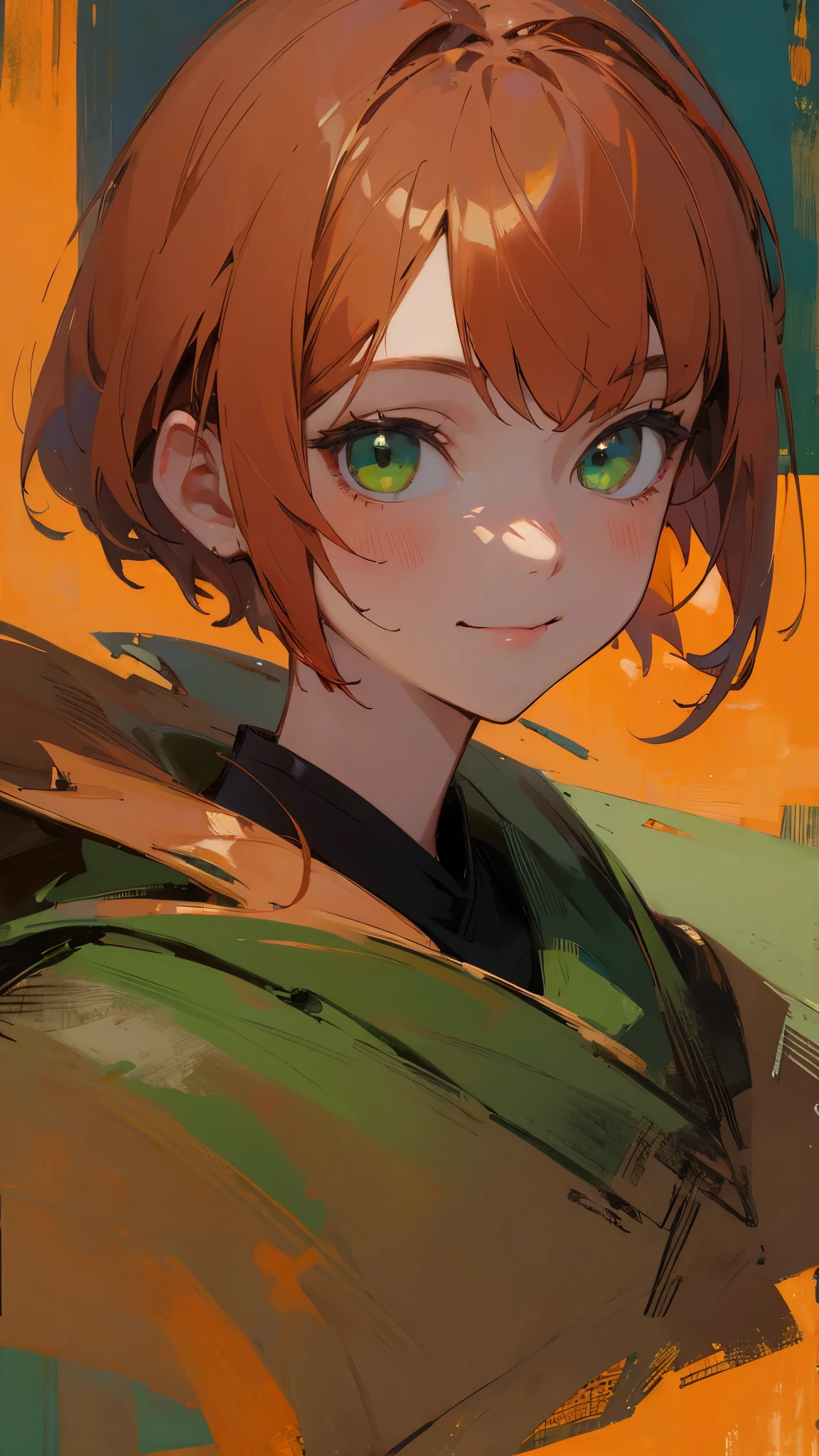 Single Portrait、girl、smile、impression、(Oil painting)、Green and orange tones、orange hair、bob hair、green eyes、Upper Body Closeup